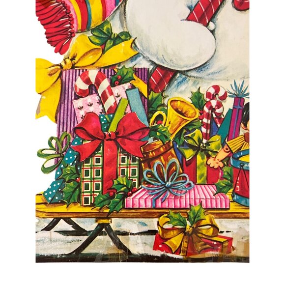 Vintage Christmas Snowman Cardboard Die Cut Cutout Presents Sled Candy Cane - Picture 3 of 4